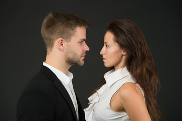 Confrontation. Business couple. Business team. Partnership concept. Office fashion and corporate attire. Businessman ceo. Businesswoman and employee. Business startup concept. Beautiful people