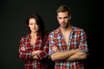 Sensual couple. Happy valentines day. Love and romance. Man and girl romantic date. Couple in love. Sexy couple checkered shirts copy space. True feelings. Family look. Matching outfits. Clothes shop
