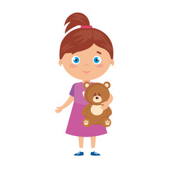 girl hugging teddy stuffed bear on white background