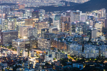 Aerial view of Seoul downtown district with many illuminated office building in South Korea capital city