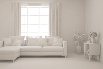 Fototapeta premium Mock up of stylish room in white color with sofa. Scandinavian interior design. 3D illustration