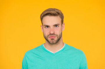 Beautiful portrait. Male beauty. Barber hairdresser salon. Beauty routine and self care. Handsome man. Handsome man face could representing timeless handsome macho. Well groomed guy nice hairstyle