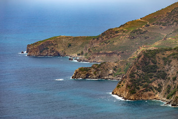 Shoreline in the cliff with mountains covered by numerous banana cultivation farms.
