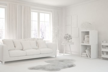 Mock up of stylish room in white color with sofa. Scandinavian interior design. 3D illustration