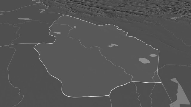 Maysan, province with its capital, zoomed and extruded on the bilevel map of Iraq in the conformal Stereographic projection. Animation 3D