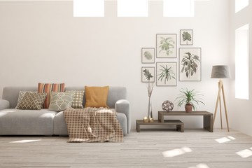 Stylish room in white color with sofa. Scandinavian interior design. 3D illustration