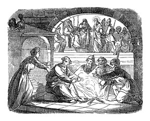 Vintage drawing or engraving of biblical story of Jesus before Annas and high priest and Peter denies Jesus. Bible,New Testament,John 18,Matthew 26, Luke 22, Mark 14. Biblische Geschichte , Germany