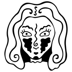 Hand-drawn black and white head of a woman with abstract spots on her cheeks and wavy lines on her head and face. Magical logo and coloring. Vector.