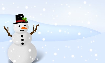 Bonhomme de neige sur fond d’un paysage d’hiver enneigé.