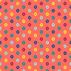 Vector colorful geometric seamless pattern. Simple abstract minimalist texture with small shapes, dots, drops. Minimal funky background. Coral, yellow, red, green and blue colors. Summer style design