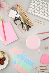 Keyboard and office supply top view. Communication network concept. Online education, Technology background. Online business, home office, information blog concept. Top view.