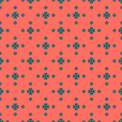 Vector floral minimalist seamless pattern. Simple minimal abstract geometric background with small flowers, crosses. Ornament texture in trendy colors, living coral and dark green. Repeated design