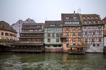 Typical houses in city center by winter in Strasbourg, France