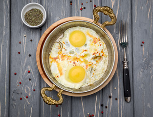 Fried eggs in a frying pan. Breakfast, Healthy food.