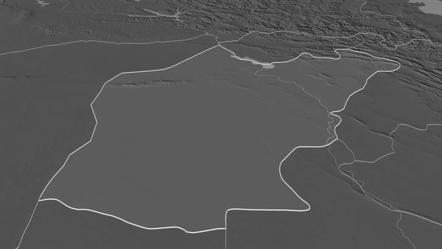 Ninawa, province with its capital, zoomed and extruded on the bilevel map of Iraq in the conformal Stereographic projection. Animation 3D