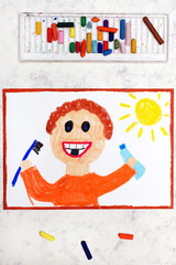 Photo of colorful drawing: little smiling boy brushing his teeth. Boy holding toothpaste and a toothbrush in hands
