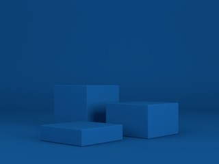 Minimal scene with podium and abstract background. Geometric shape. Classic Blue colors scene. Minimal 3d rendering. Scene with geometrical forms and blue background. 3d render. 