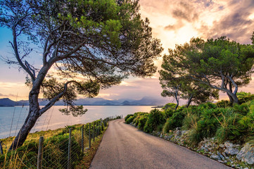 Fototapeta premium Landscape of beautiful amazing road with wonderful scenic view on sunset sea