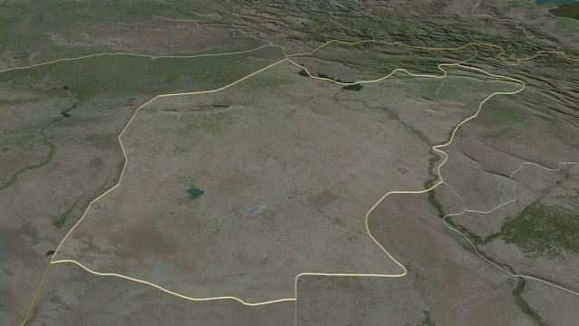 Ninawa, province with its capital, zoomed and extruded on the satellite map of Iraq in the conformal Stereographic projection. Animation 3D