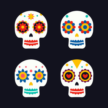 Sugar mexican skulls for Dia De Los Muertos holiday party. Traditional mexican Halloween design for Day of the dead. Ornament from Mexico.