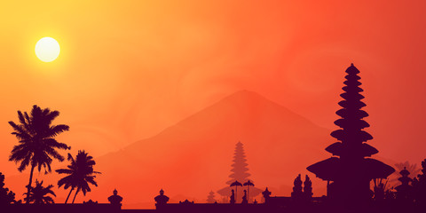 Orange tropical sunset in Bali island with dark temple, mountain and palm trees silhouettes, vector banner illustration
