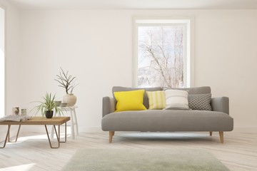 Stylish room in white color with sofa and winter landscape in window. Scandinavian interior design. 3D illustration