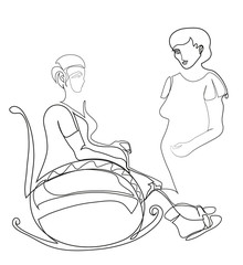 One continuous line drawing of pregnant women friends sitting talking. Simple line art drawing of pregnant women friends sitting talking.