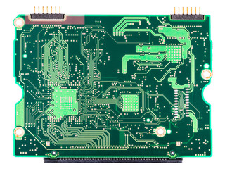 Green circuit board copper layer with connectors isolated on white background. Through-hole and...