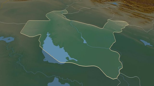 Sala ad-Din, province with its capital, zoomed and extruded on the relief map of Iraq in the conformal Stereographic projection. Animation 3D