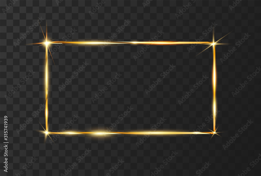 Poster golden shiny glowing frame with glare and isolated on black transparent background. golden luxury re