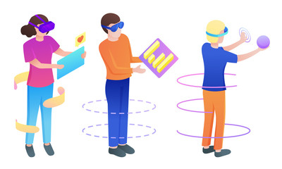 Set of people in masks playing games communicating vector illustration
