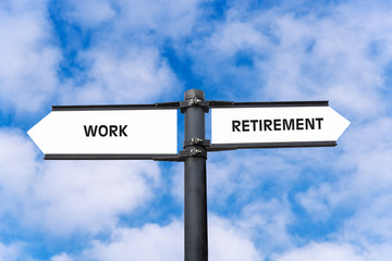 Fototapeta premium Conceptual directional signs about the choise between retirement and work. Blue sky with clouds in background.