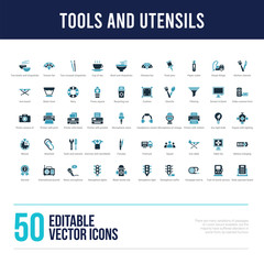 50 tools and utensils concept filled icons