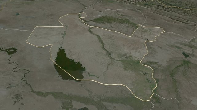 Sala ad-Din, province with its capital, zoomed and extruded on the satellite map of Iraq in the conformal Stereographic projection. Animation 3D