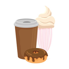 delicious coffee in plastic container with donut and milkshake