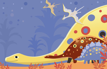 Vector image of the bright and colorful dinosaurs in the jungle on a blue background. Space for text. © tinkerfrost
