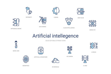 artificial intellegence concept 14 colorful outline icons. 2 color blue stroke icons