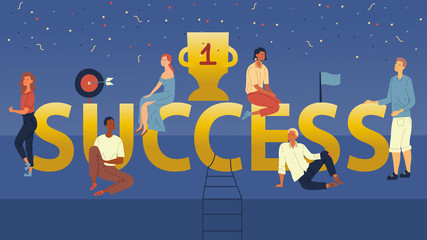 Success Concept Illustration of young people having the workshop and brainstorming for new brand to achieve successful business result. Men and Women are Sitting on Big Letters. Vector Illustration