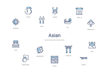 asian concept 14 colorful outline icons. 2 color blue stroke icons