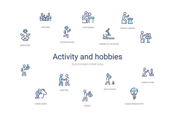 activity and hobbies concept 14 colorful outline icons. 2 color blue stroke icons