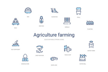 agriculture farming concept 14 colorful outline icons. 2 color blue stroke icons