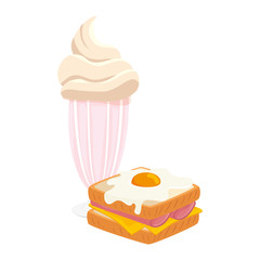 delicious sandwich with egg fried and milkshake isolated icon