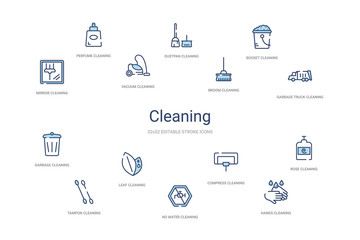 cleaning concept 14 colorful outline icons. 2 color blue stroke icons