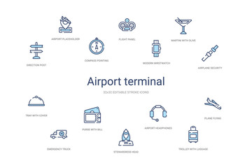 airport terminal concept 14 colorful outline icons. 2 color blue stroke icons