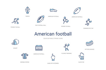 american football concept 14 colorful outline icons. 2 color blue stroke icons