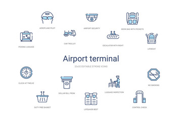 airport terminal concept 14 colorful outline icons. 2 color blue stroke icons