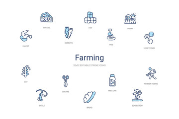 farming concept 14 colorful outline icons. 2 color blue stroke icons