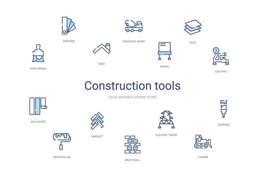 construction tools concept 14 colorful outline icons. 2 color blue stroke icons