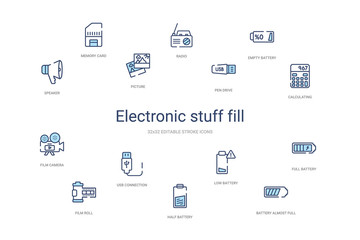 electronic stuff fill concept 14 colorful outline icons. 2 color blue stroke icons