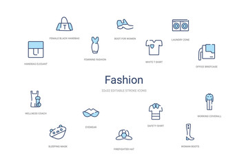 fashion concept 14 colorful outline icons. 2 color blue stroke icons